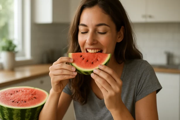 Žena si vychutnáva plátok vodného melóna v kuchyni.