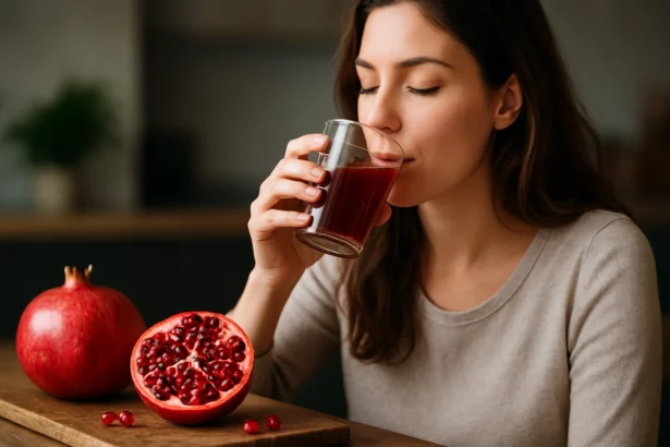 Žena vychutnáva šťavu z granátového jablka so šťavnatými zrnami.