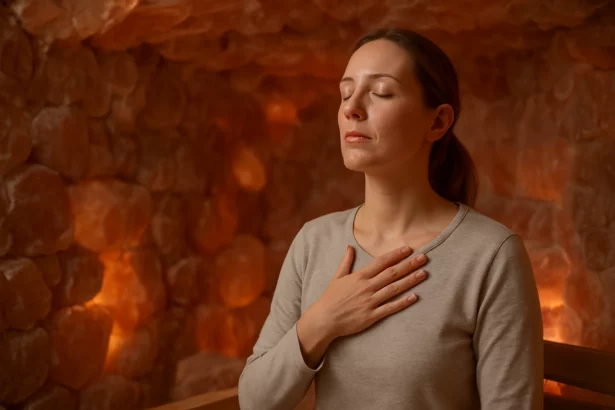 Žena relaxuje v soľnej jaskyni a praktizuje hlboké dýchanie.