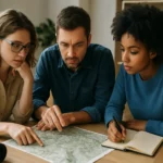 Skupina ľudí študuje mapu a robí si poznámky.