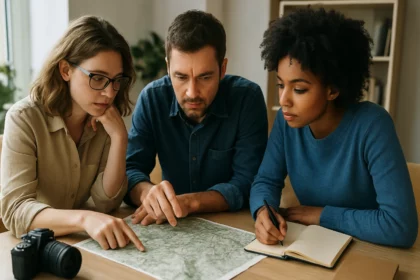 Skupina ľudí študuje mapu a robí si poznámky.