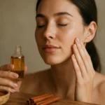 Žena aplikuje škoricový olej na pleť