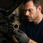 Mechanik kontroluje ventil recirkulácie výfukových plynov v auto servise.