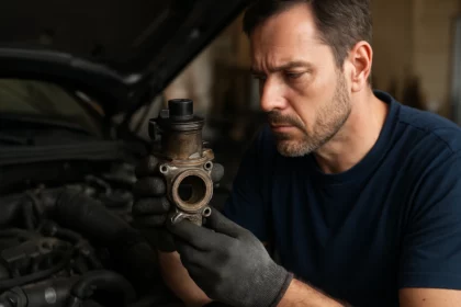 Mechanik kontroluje ventil recirkulácie výfukových plynov v auto servise.