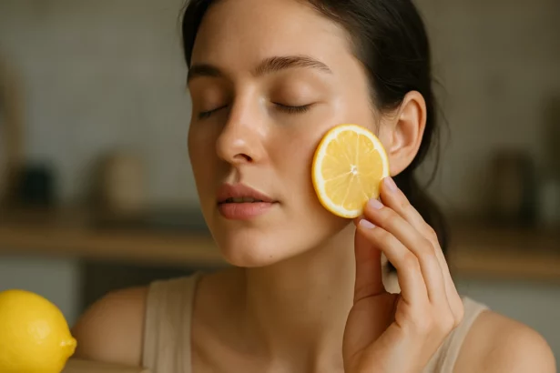 Žena používajúca citrón na rozjasnenie pleti