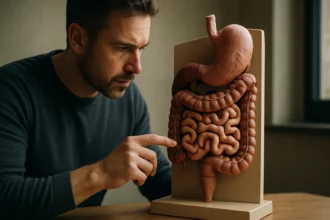 Muž skúma model ľudského tráviaceho systému.