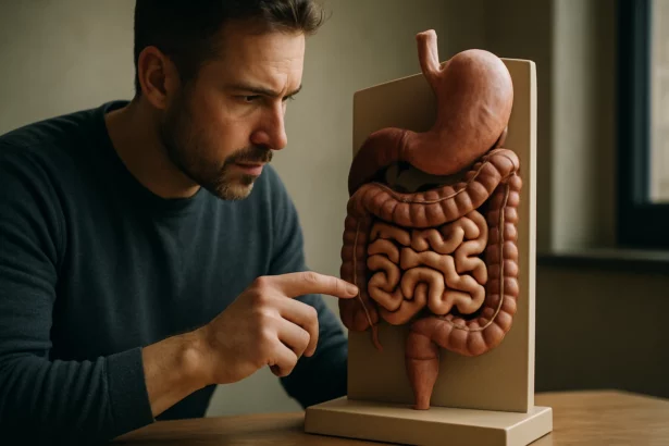 Muž skúma model ľudského tráviaceho systému.