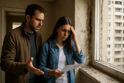 Znepokojený pár skúma dokumenty o kúpe panelákového bytu.