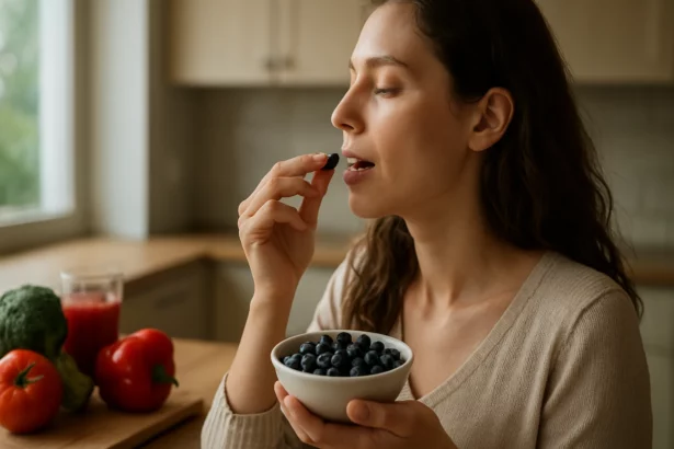 Žena jedla čučoriedky pre zdravie a antioxidanty