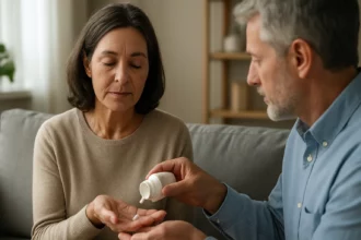 Starší muž podáva liek staršej žene na sedacej súprave.