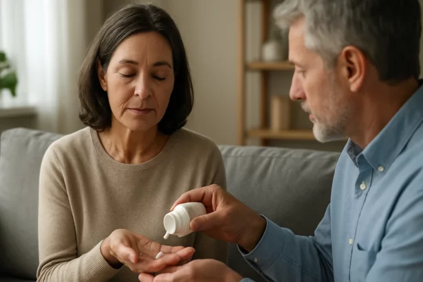 Starší muž podáva liek staršej žene na sedacej súprave.