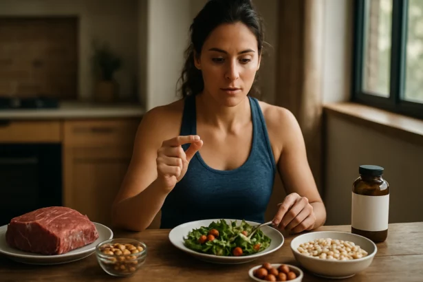 Žena konzumuje zdravé jedlo a zvažuje doplnky stravy.