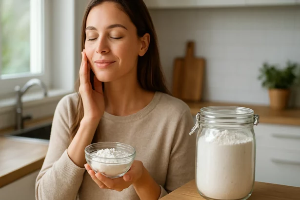 Žena s kremelinou na pleti a v miske v kuchyni.