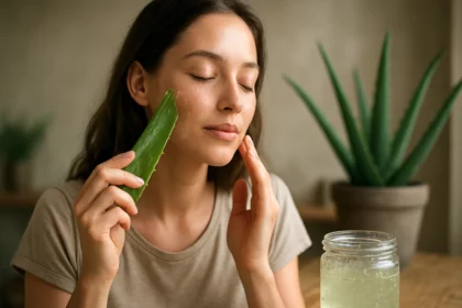 Žena aplikuje liečivý aloe vera gél na tvár