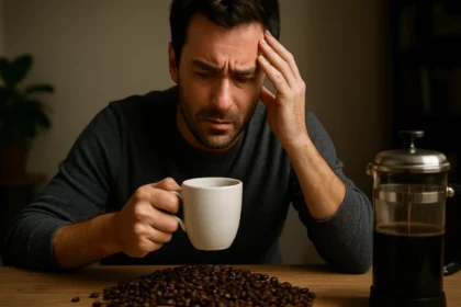 Muž s bolesťou hlavy drží šálku kávy pri zrnkách kávy.