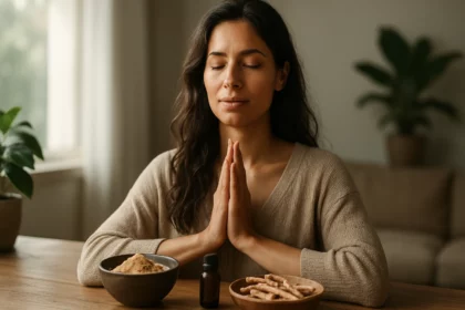 Žena medituje s ashwagandhou na stole, symbol harmónie a zdravia.