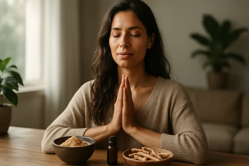 Žena medituje s ashwagandhou na stole, symbol harmónie a zdravia.