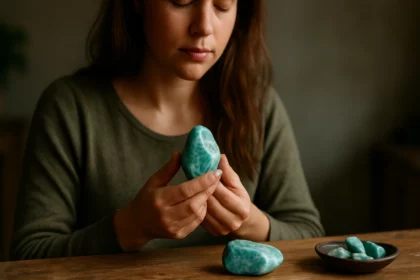 Žena s amazonitovým kameňom v rukách, meditujúca v pokoji.