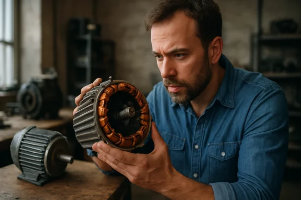 Muž skúma elektromotor, symbol technológie a inovácií.