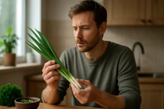 Muž skúma zelenú cibuľku, zdravú superpotravinu.