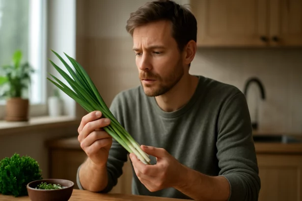 Muž skúma zelenú cibuľku, zdravú superpotravinu.