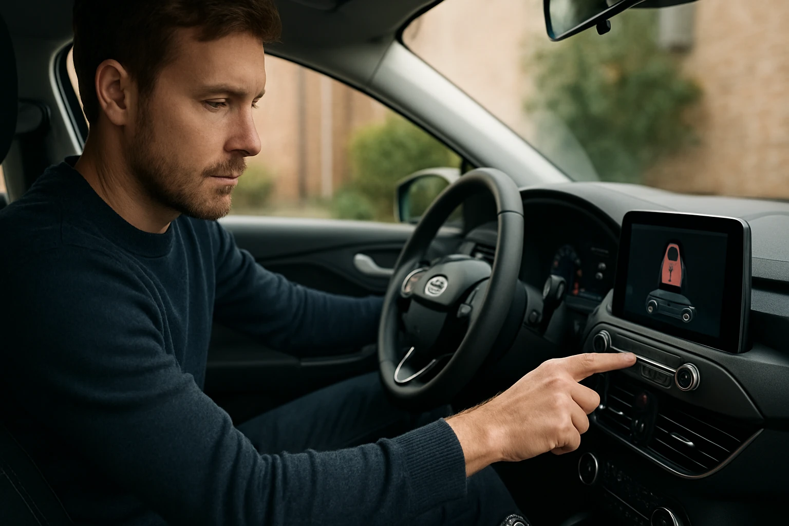 Muž sedí v aute a ovláda dotykový displej na palubnej doske.