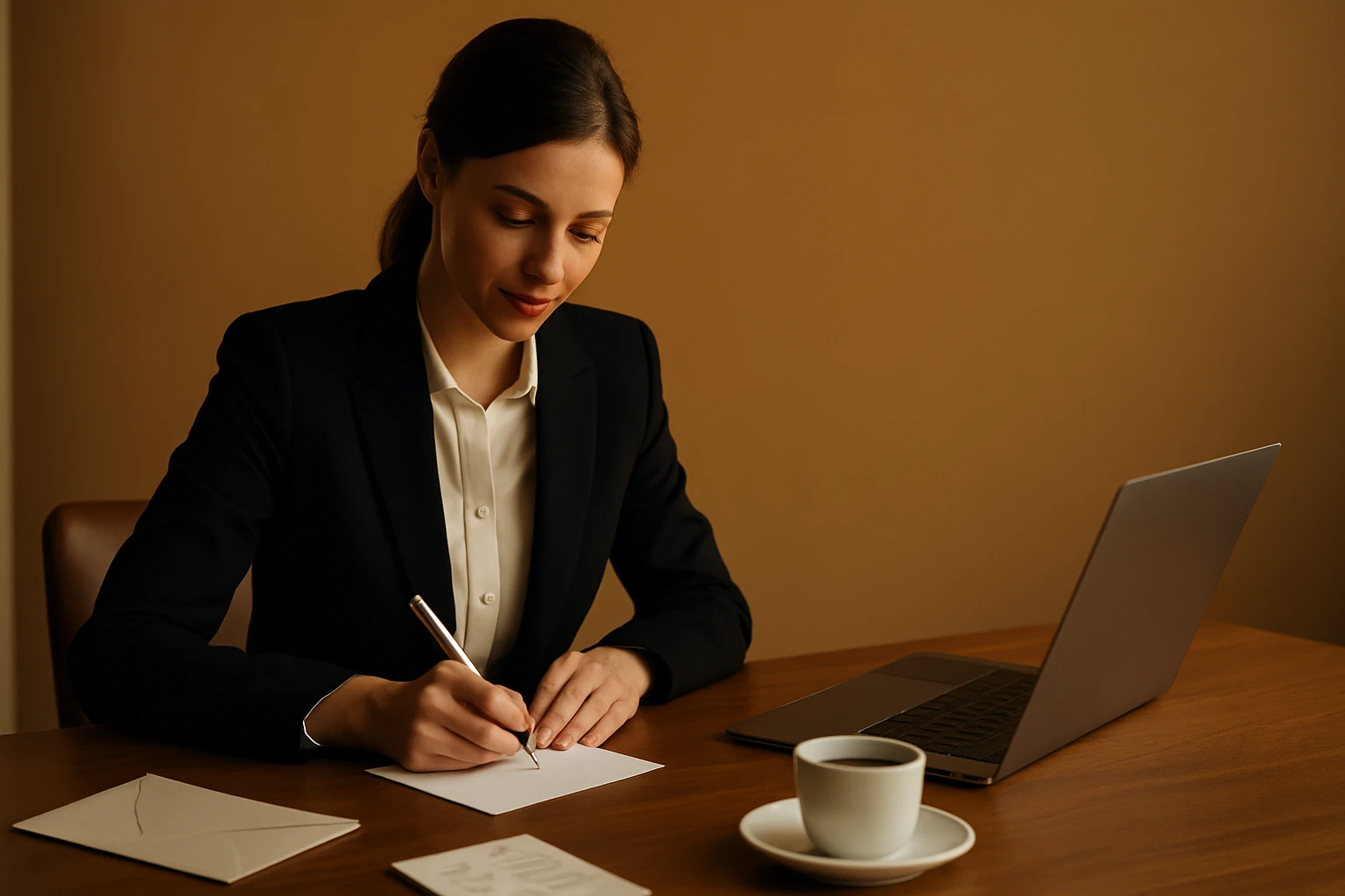 Žena v obleku píše na biely papier pri stole s notebookom a kávou.