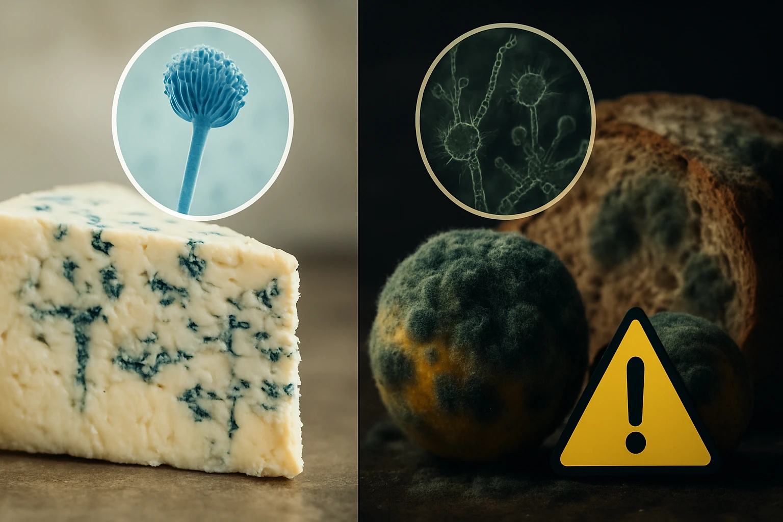 Syr s modrou plesňou vedľa plesnivého chleba a varovného symbolu.