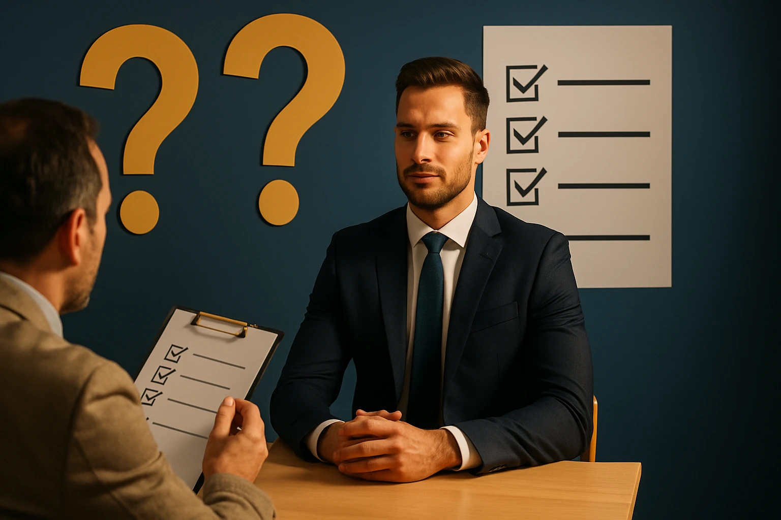 Muž v obleku sedí na pohovore, naproti nemu je druhý muž s poznámkovým blokom.