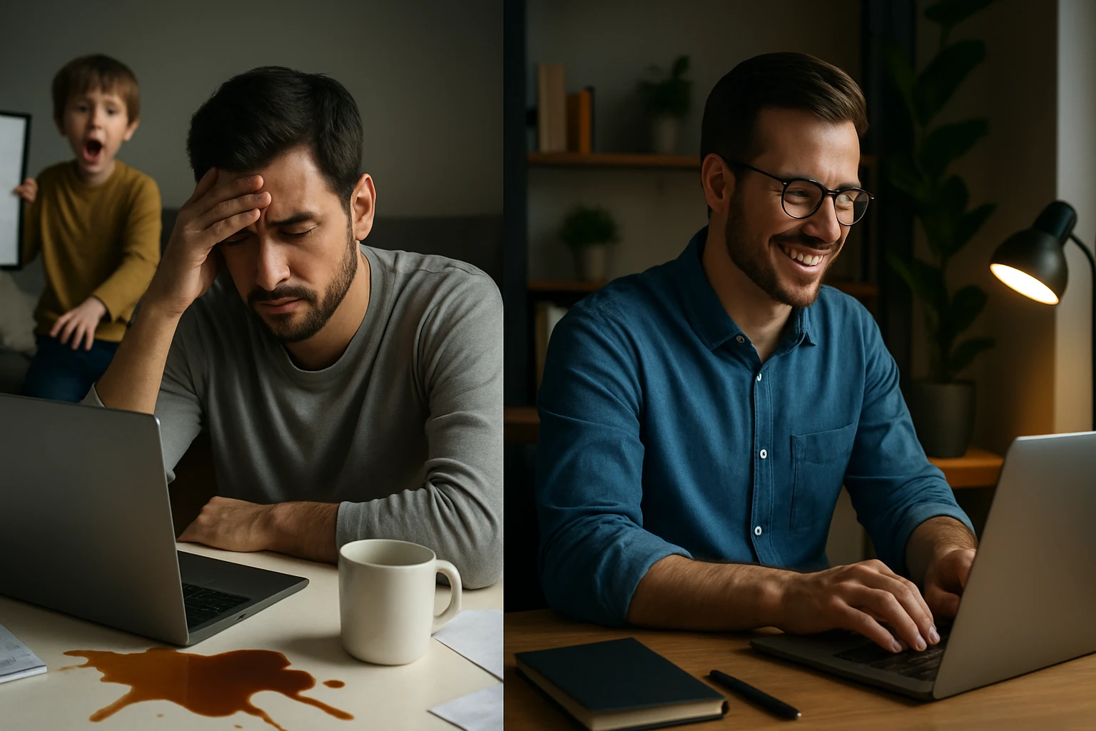 Muž s unaveným výrazom sedí pri počítači, zatiaľ čo dieťa kričí v pozadí.