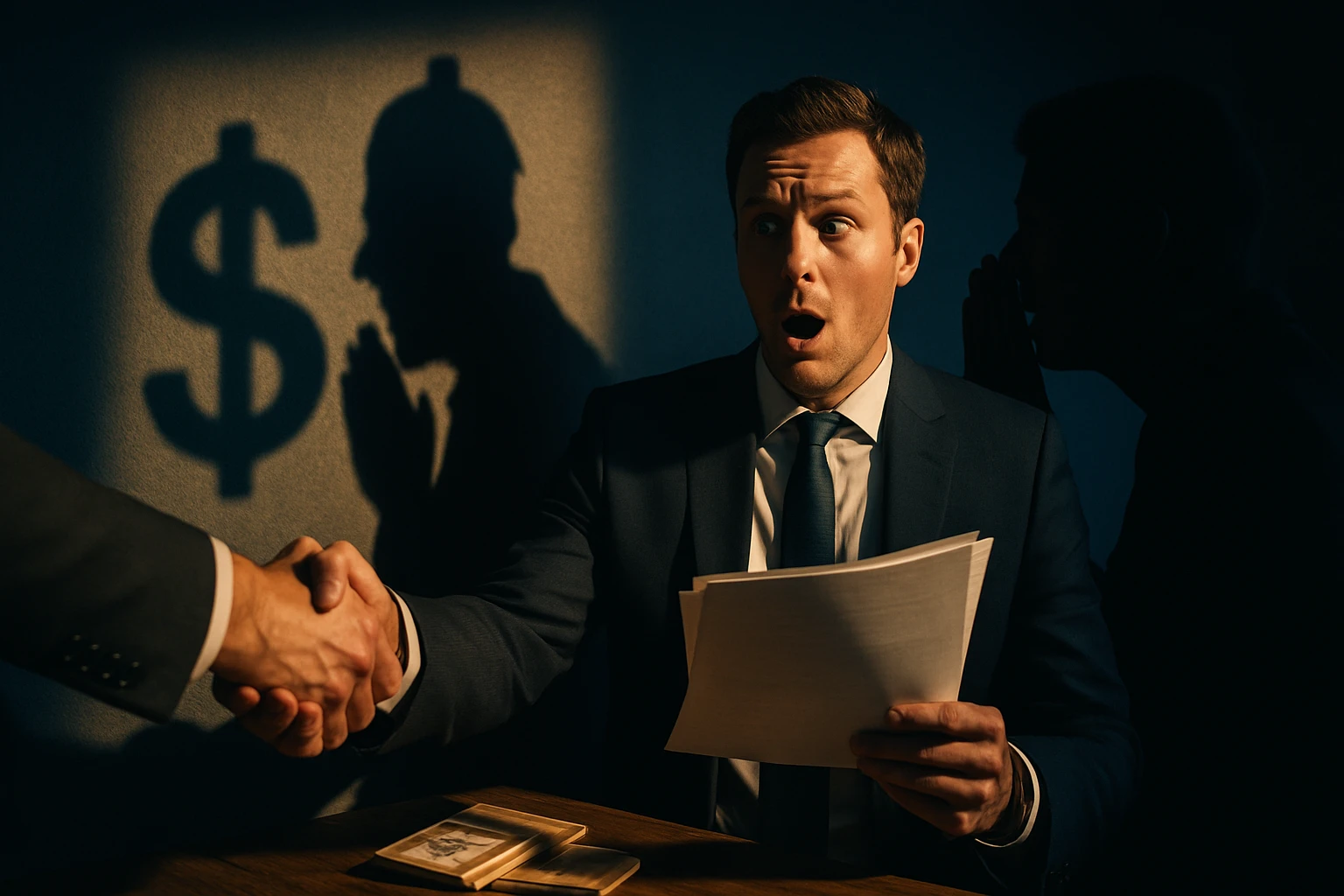 Muž v obleku prekvapene drží dokumenty, zatiaľ čo sa podáva ruka.