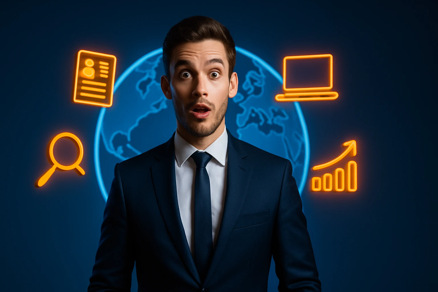 Mladý muž v obleku s prekvapeným výrazom, pozadie s globusom a ikonami technológie.