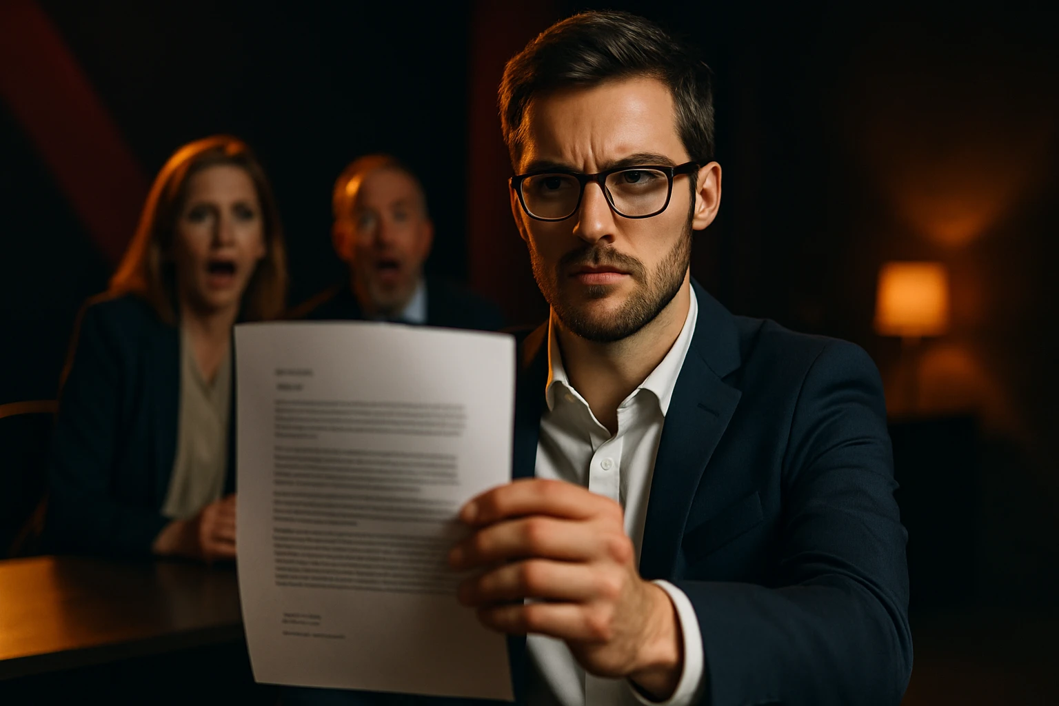Muž v obleku číta dokument s vážnym výrazom, zatiaľ čo dvaja ľudia v pozadí sú prekvapení.