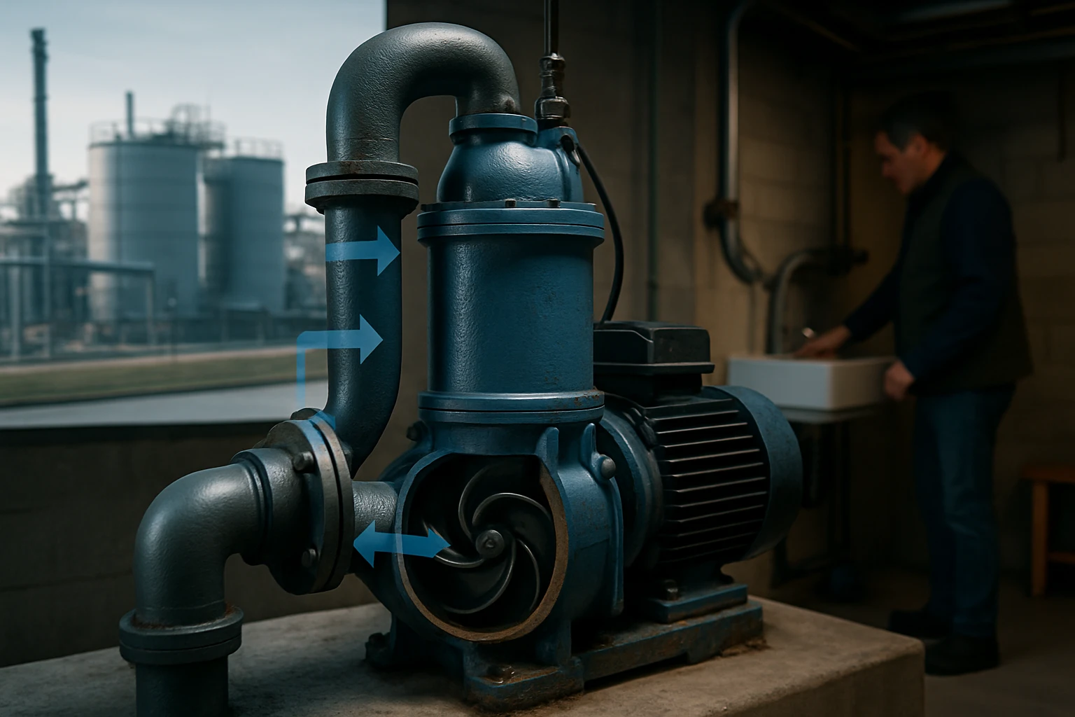 Modrý čerpadlo s viditeľnými trubicami a motorom v priemyselnom prostredí.