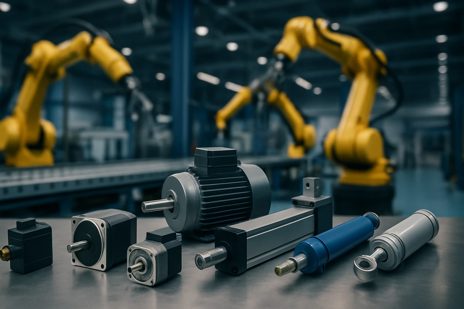 Rôzne priemyselné komponenty, ako motory a valce, na pracovnej ploche.