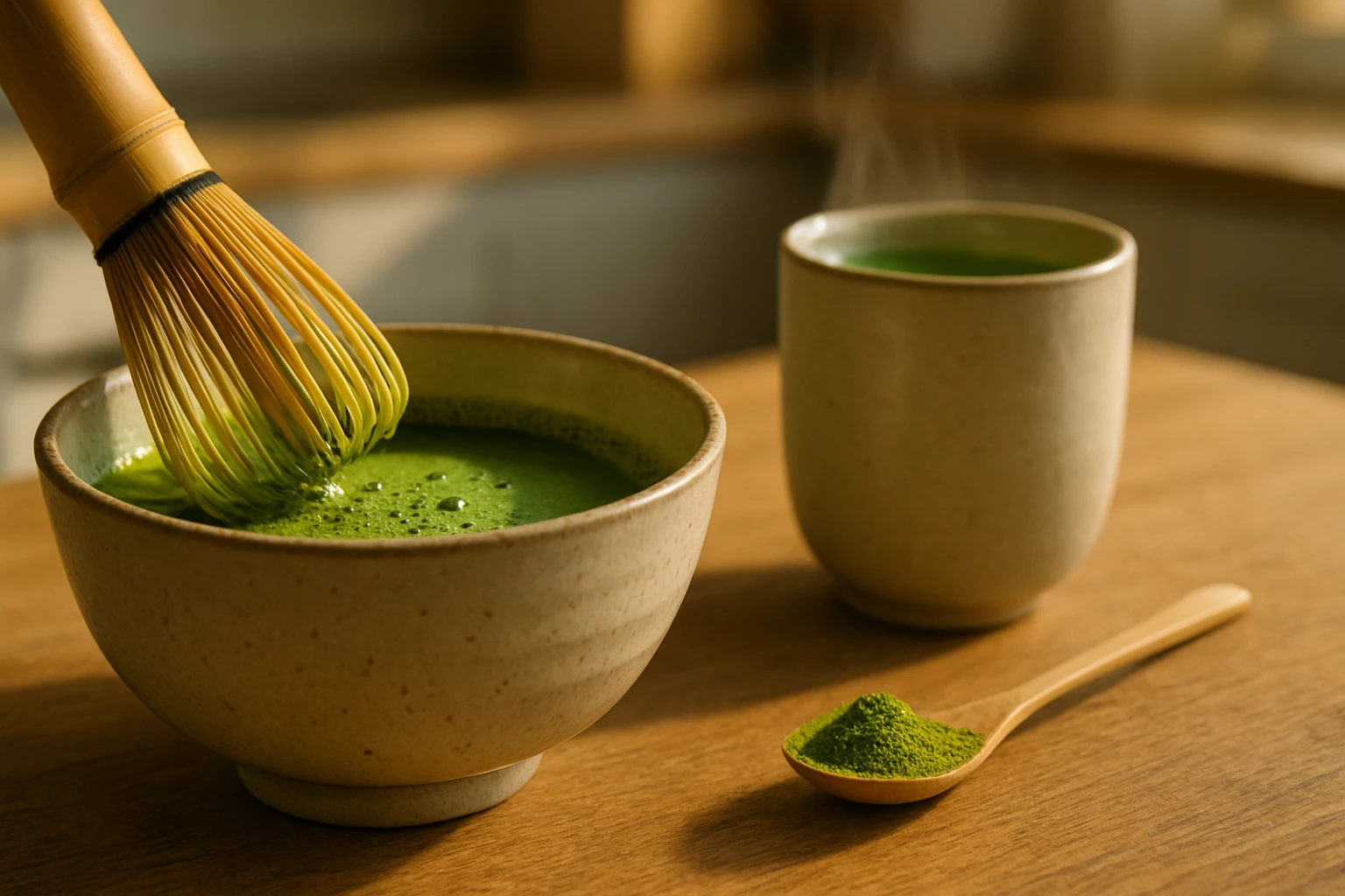 Miska s matcha čajom a metlička na drevenom stole, vedľa šálka a lyžička s práškom.