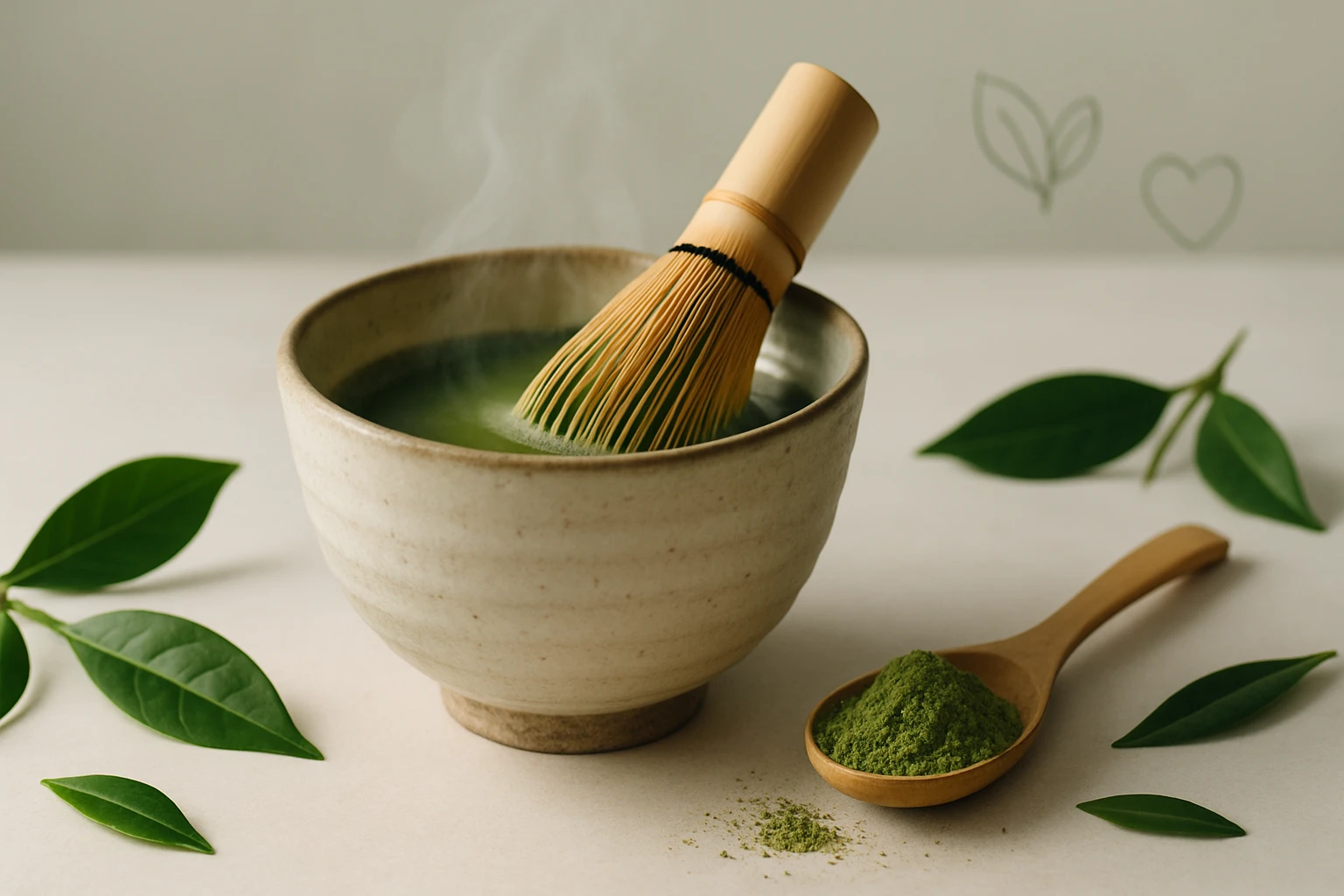 Miska s matcha čajom a bambusovým metličkom, obklopená zelenými listami.