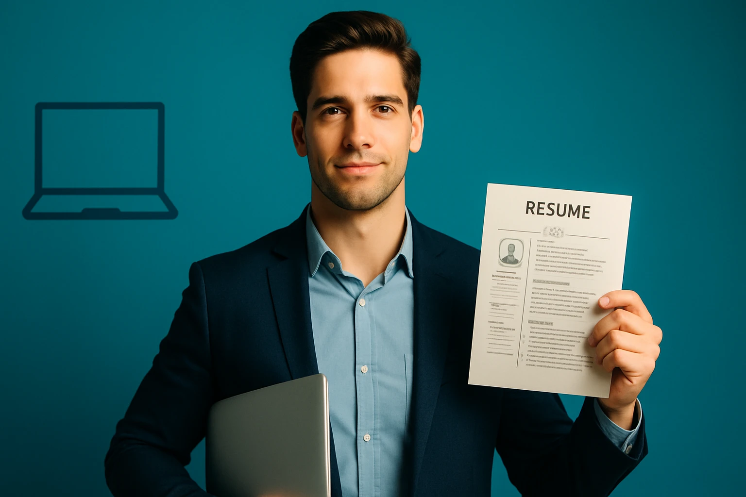 Mladý muž v obleku drží životopis a laptop na modrom pozadí.