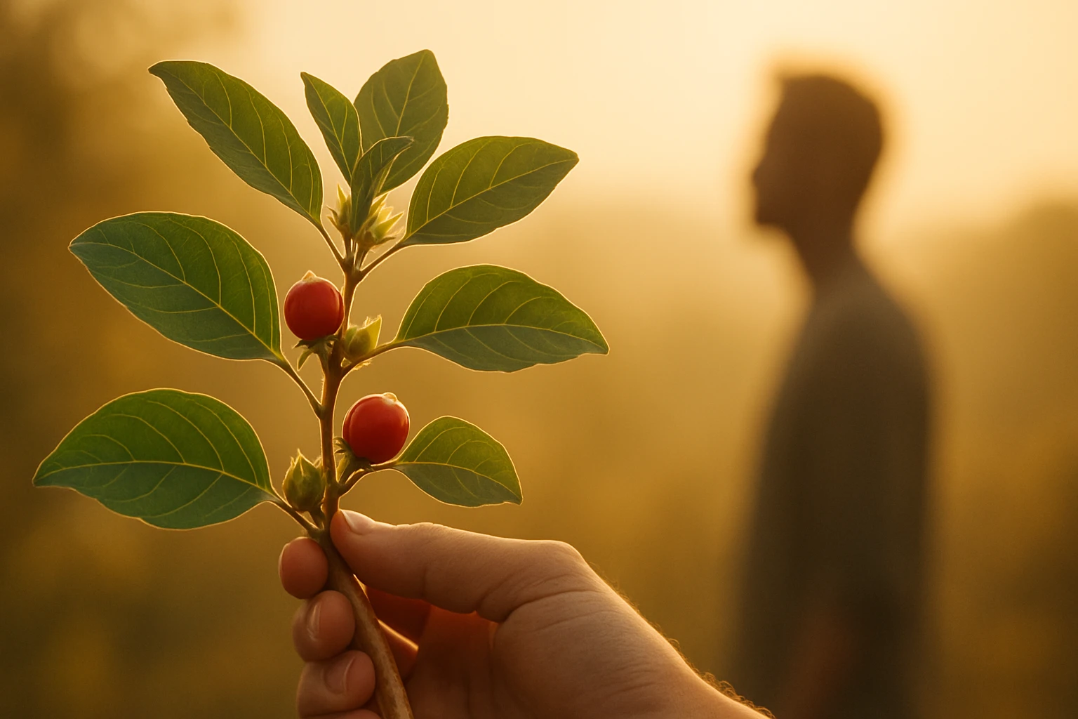 Ruka drží vetvičku s červenými plodmi a zelenými listami na pozadí.