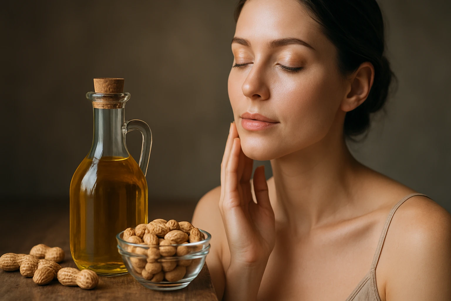 Žena s jemnou pleťou sa dotýka svojho líca, vedľa je fľaša oleja a mandle.