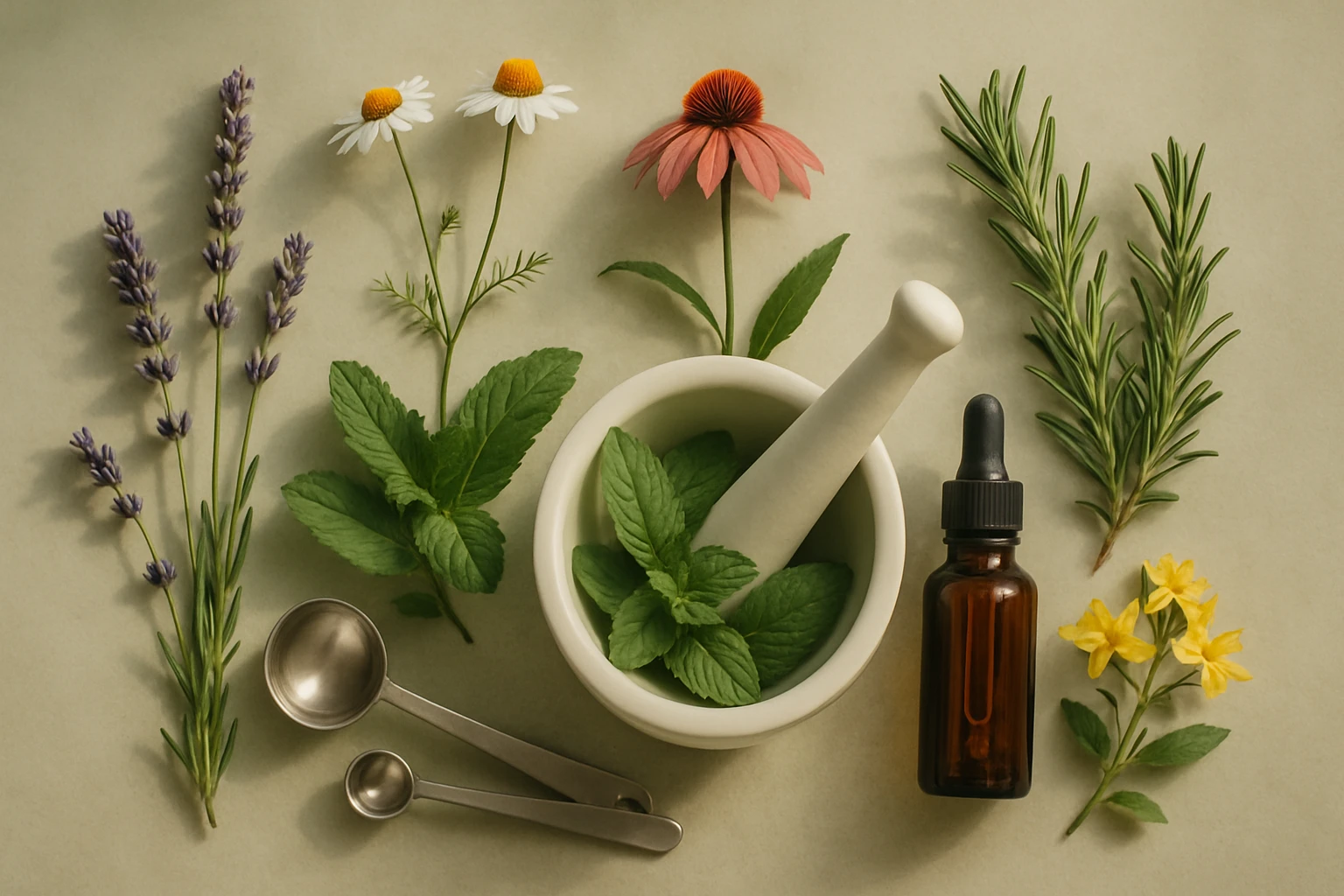 Zelené bylinky, kvetiny a liečivý olej na svetlom pozadí.