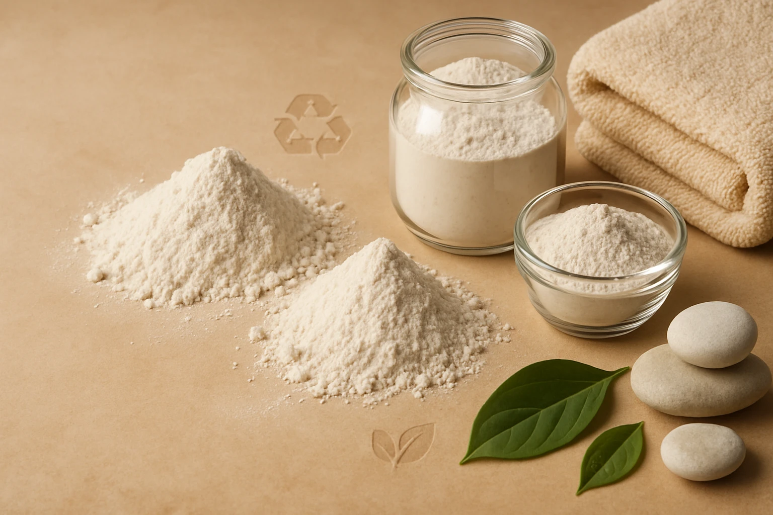 Na hnedom pozadí sú dve hromádky múky, sklenená nádoba s múkou a listy.