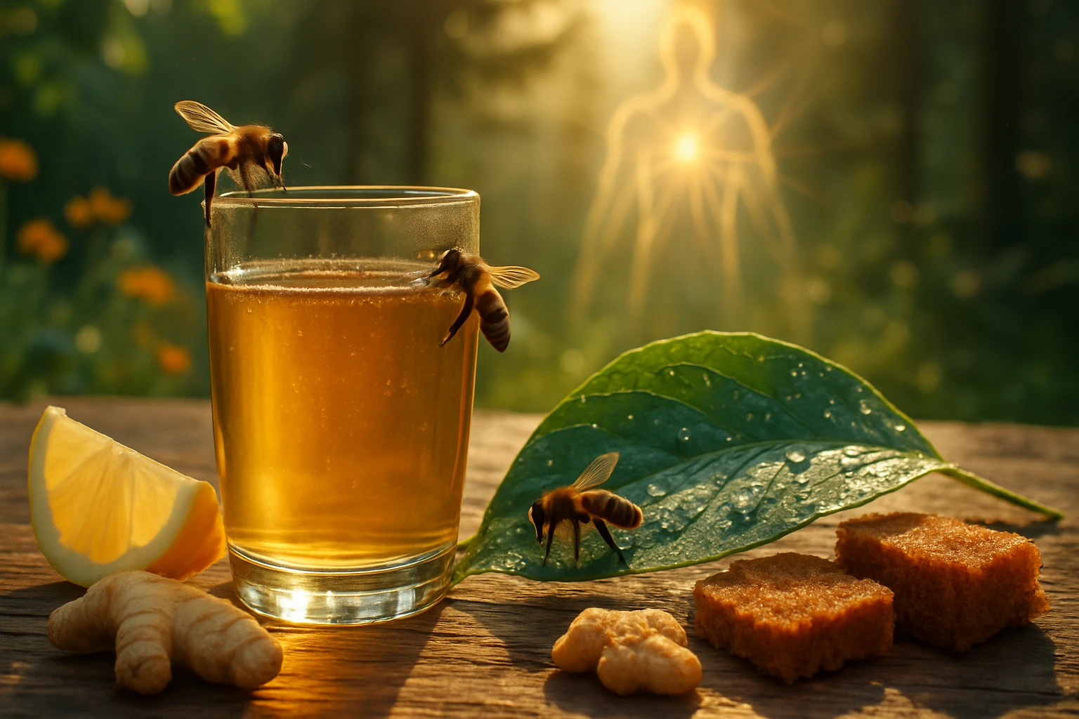 Sklenený pohár s nápojom, okolo neho včely, citrón a zázvor.
