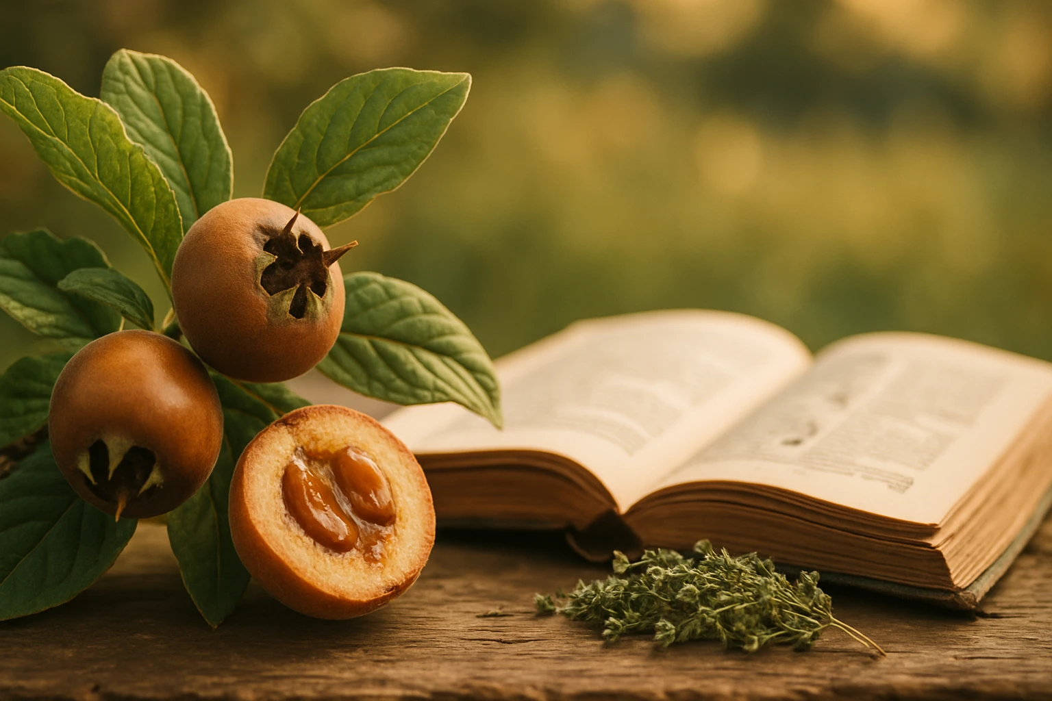 Zrelé mišpule a otvorená kniha na drevenom stole v prírode.