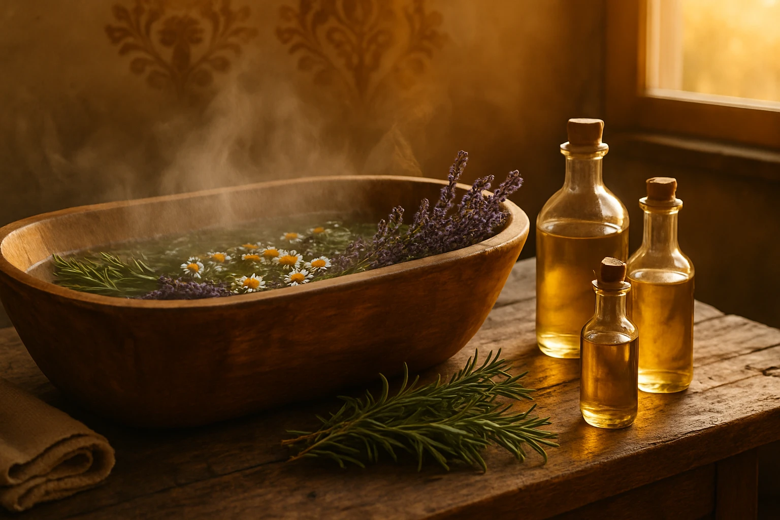 Drevená miska s bylinkovým kúpeľom, obklopená fľašami esenciálnych olejov.