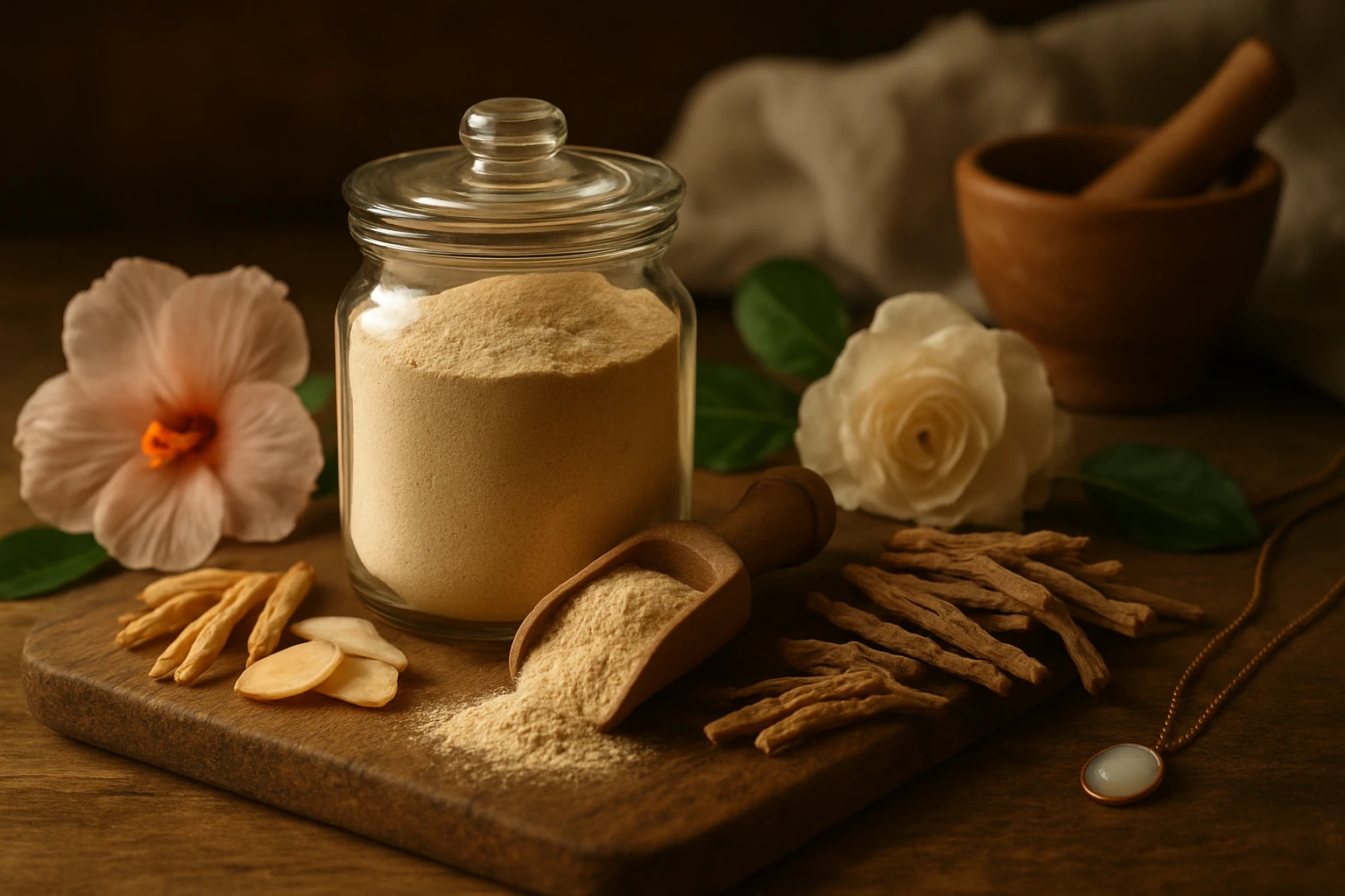 Sklenená nádoba s práškom, vedľa sušené bylinky a kvety.