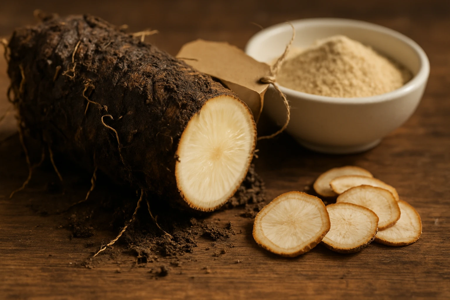 Koreň s jemnou textúrou, nakrájaný na plátky, vedľa neho prášok v miske.