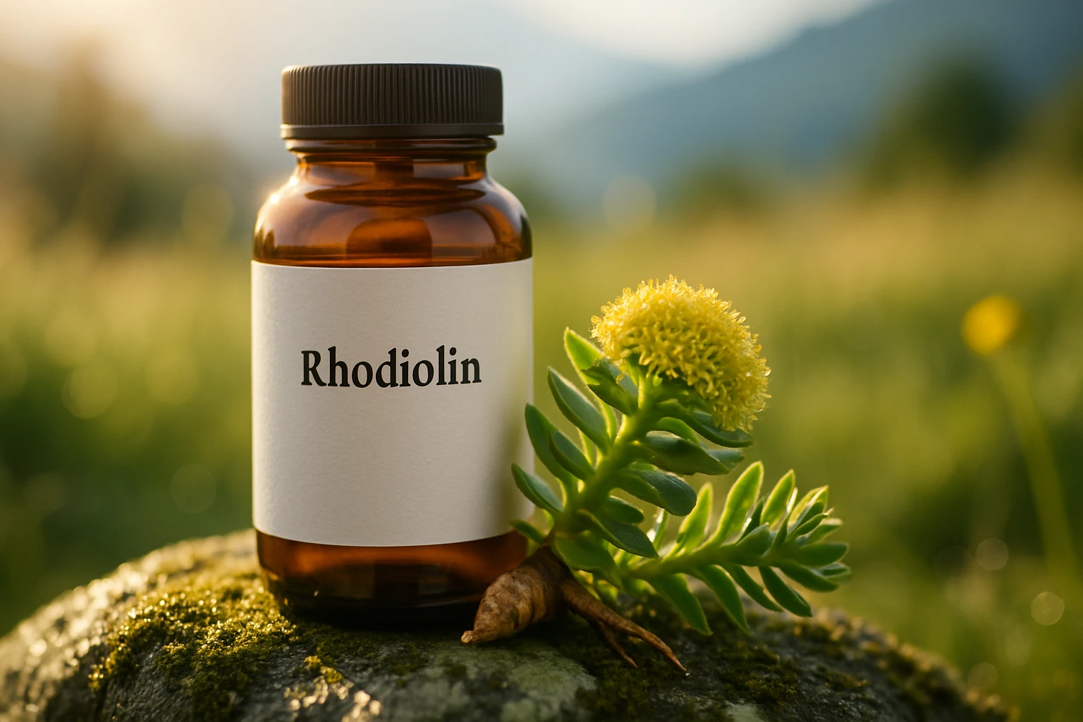 Hnedá fľaša s nápisom Rhodiolin a žltý kvet na pozadí prírody.