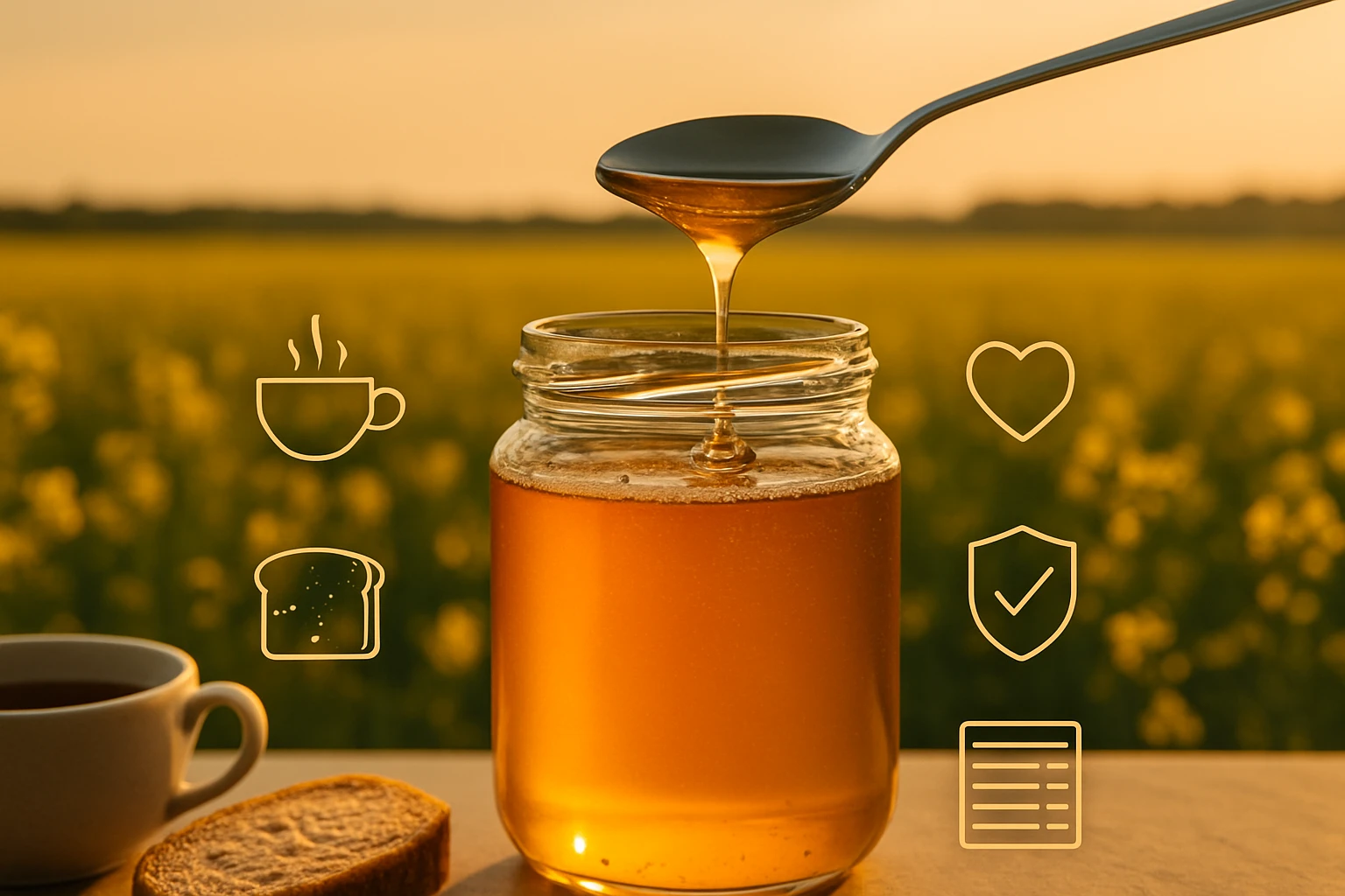 Sklenená nádoba s medom, lyžica naberajúca med a šálka kávy v pozadí.