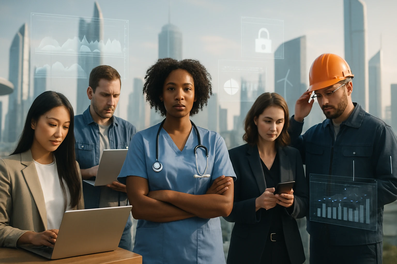 Skupina profesionálov rôznych odborov, vrátane zdravotnej starostlivosti, technológie a inžinierstva, na pozadí moderného mesta.